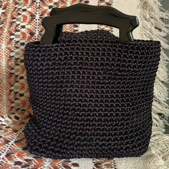 Mini Woven Black Hand Bag with Button Flap Closure - Picture 5 of 8